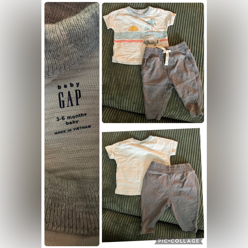 GAP Baby Boy Gray Joggers & Beach Van SS Shirt 3-6m
